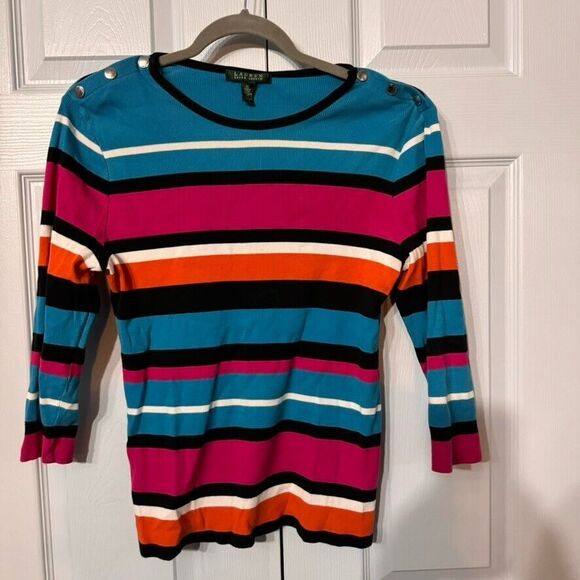 Lauren Ralph Lauren XL Striped Knit Top 3/4 Sleeve Cotton Button Shoulder Fitted - Picture 1 of 9